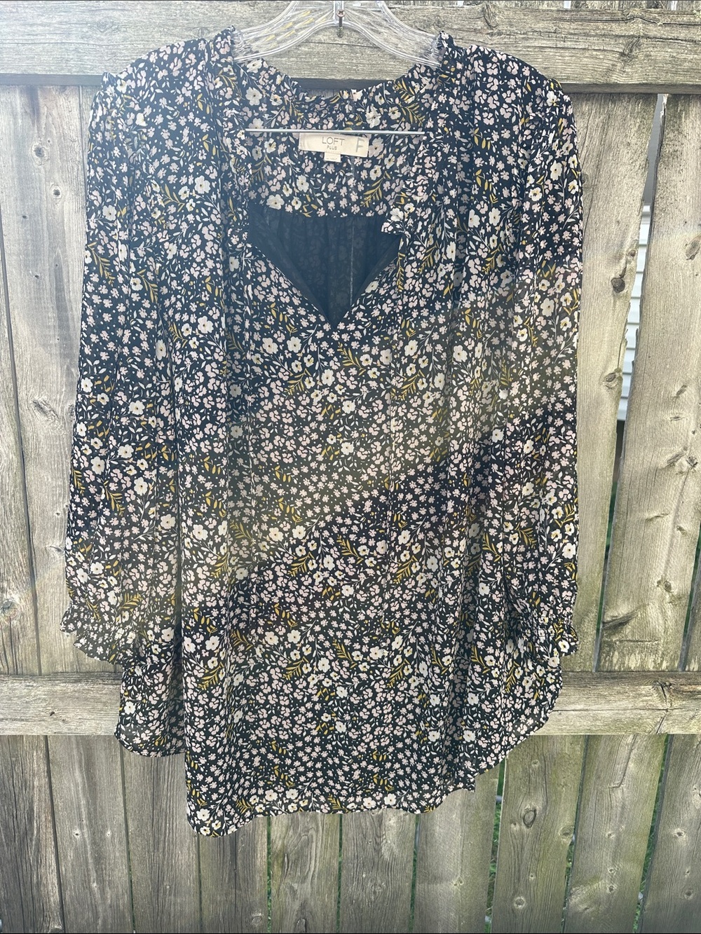 LOFT Black Floral V-Neck Tunic with Olive Accents